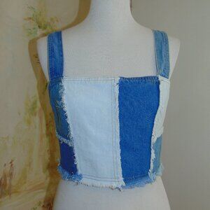 Nasty Gal Blue Denim Patchwork Bustier Tank Crop Top Corset Women’s 6 Boho Hippy